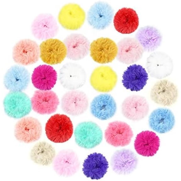 32 count Faux Scrunchies and Hair Accessories for Women - Fuzzy Hair Ties, Bands, Ropes, Wristbands, Rings for Ponytail Holders