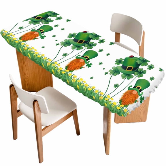 St. Patrick's Day Table Cloths for 8 Foot Rectangle Tables, Lucky Shamrock Gnomes Flowers Leaves Green Patio Waterproof Elastic Fitted Tablecloths, Washable Rectangular Table Cover for Camping