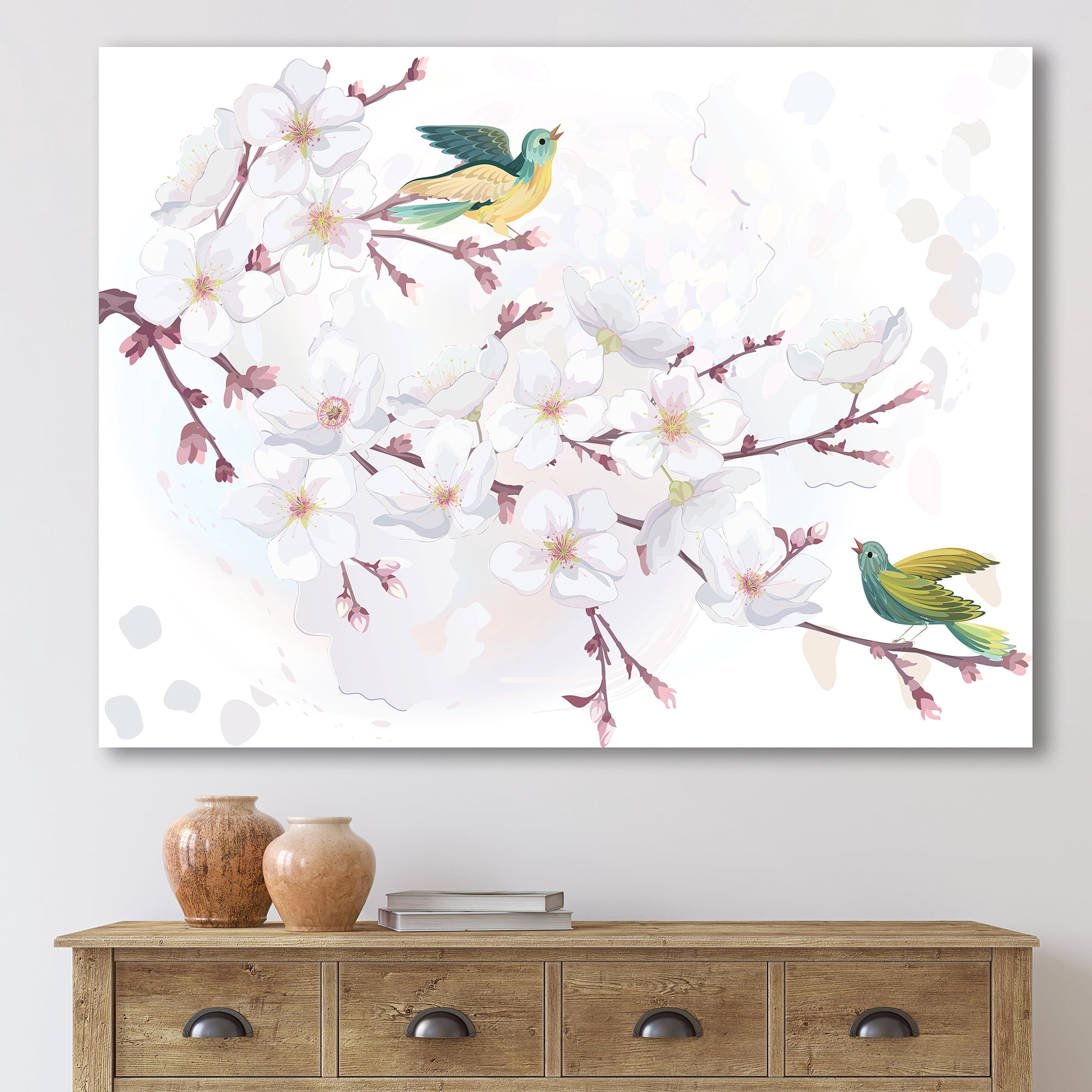 Designart ' Blossoming Cherry Tree and Birds ' Traditional Canvas Wall Art Print