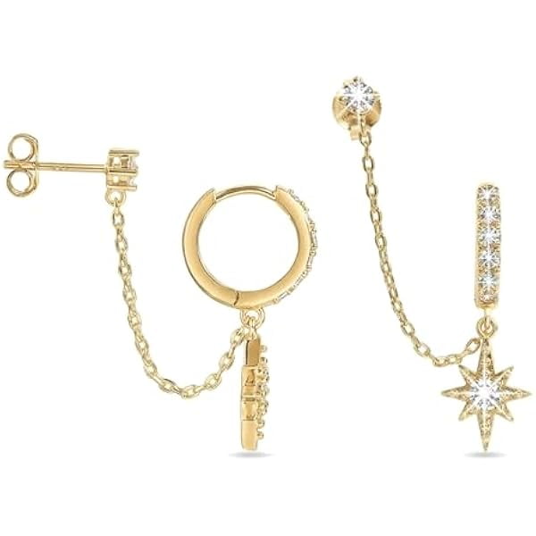 Chenchen Chain Earrings for Women 14K Gold Double Piercing Dangle Hoop Earring with Cuff and Stud Connected Two Hole Jewelry Set Stackable Earings for First and Second Lobe Cartilage Pierced