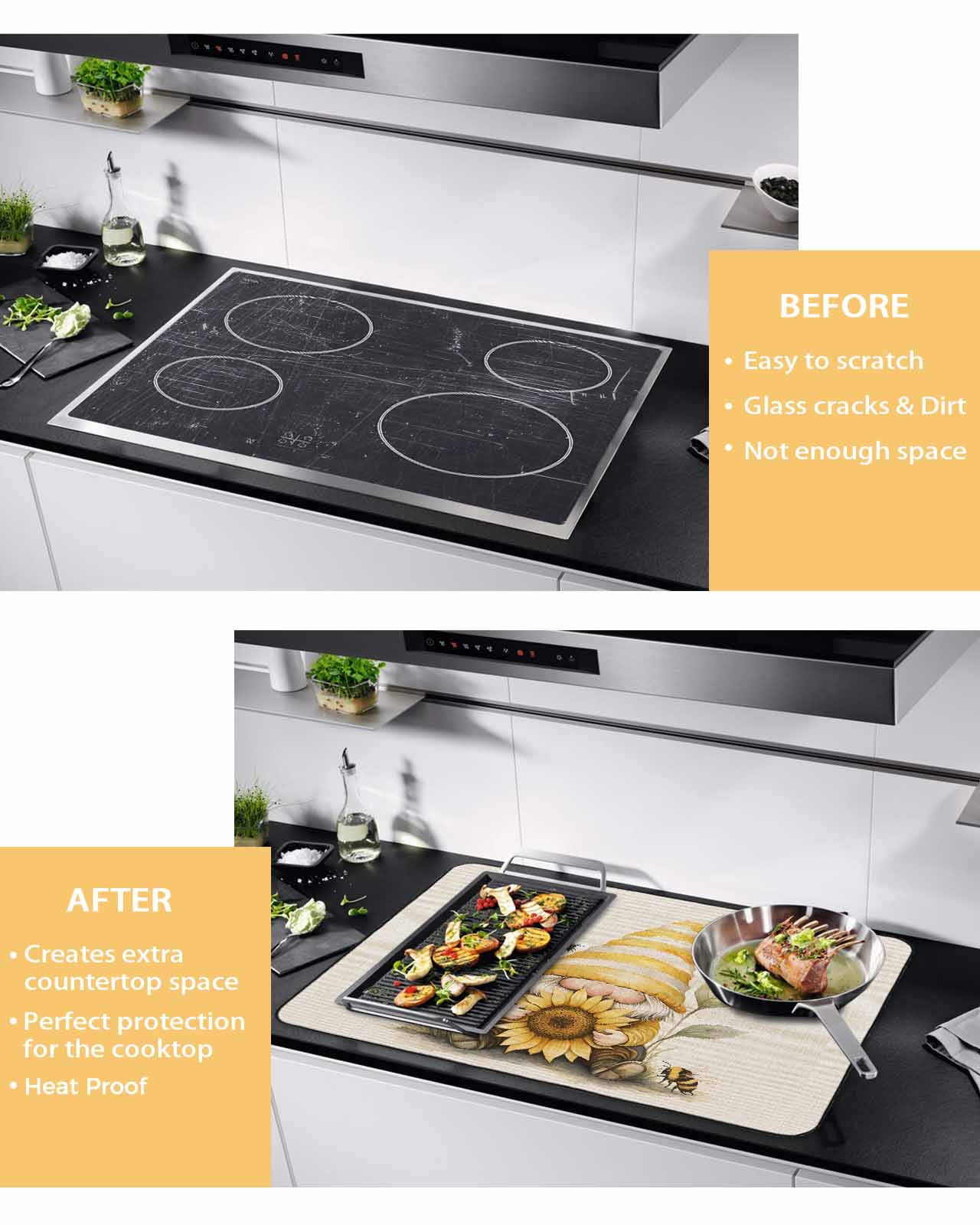 nqOlkjepod Large Induction Cooktop Protector Mat 28.5"x20.5", Sunflower Retro Stove Top Covers for Electric Stove, Yellow Gnomes Bee Beige Vintage Art Stove Burner Cover Mats, Glass Top Stove Cover