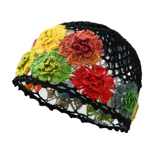 Gorro de crochet con flores, transpirable, informal, para ir de compras al aire libre Negro