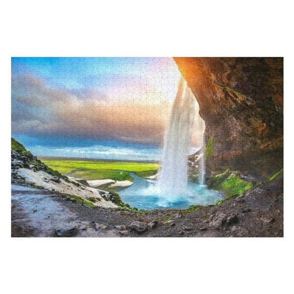 Puzzles for Adults 300 Pieces - Sunset Beautiful Waterfall Iceland Funny Puzzles Gift for Birthday Wedding Christmas Halloween