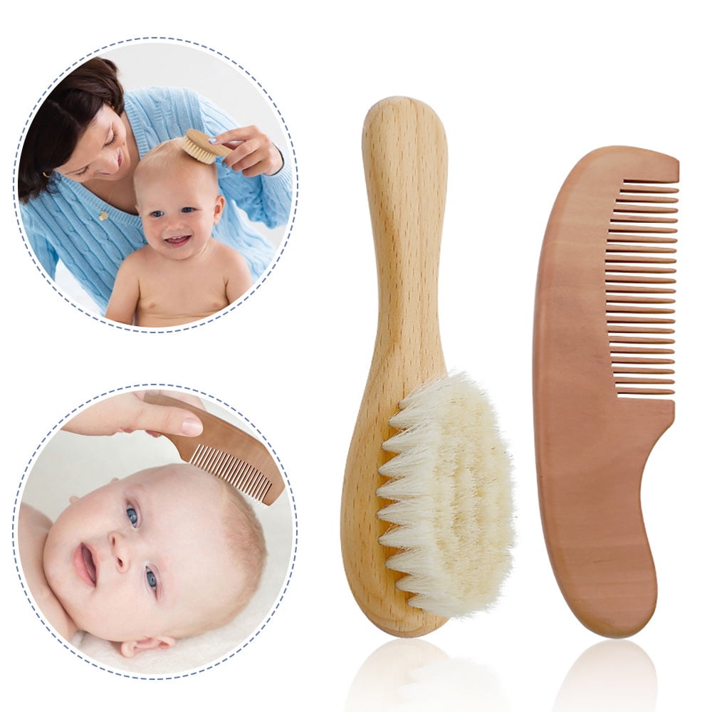 EIMELI 2 Pack Baby Hair Brush and Comb Set for Newborn, Natural Wooden Hairbrush with Soft Bristles for Cradle Cap