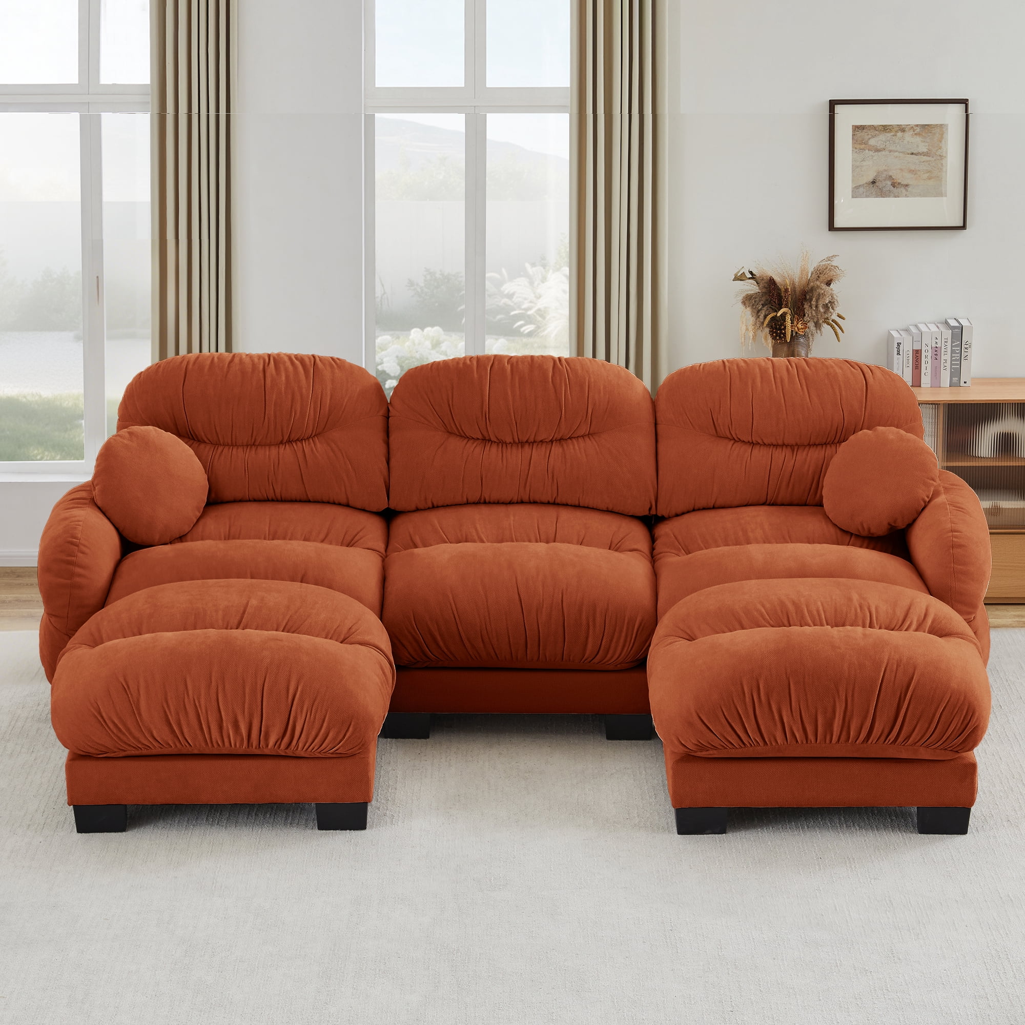 116" 3 Seater Sectional Couch Cozy Chenille U Shape Modular Sofa with 2 Ottoman and 2 Throw Pillows
