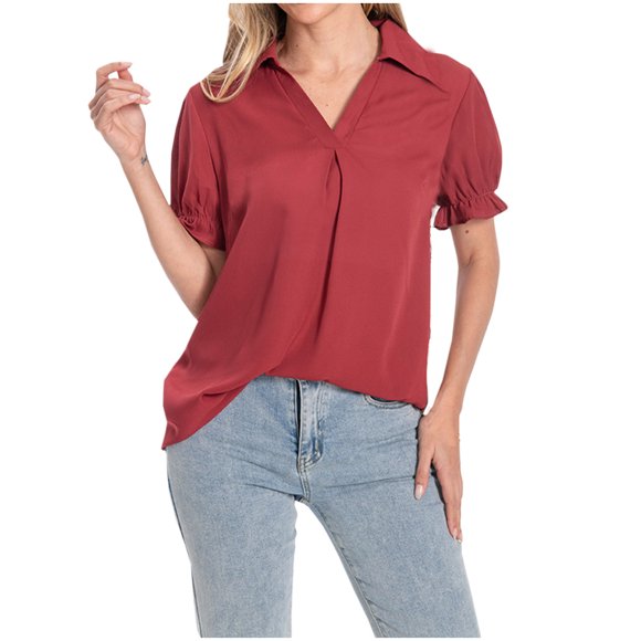 Timegard Tops for Women Formal Tops Ruched Ruffle Short Sleeve V-Neck Comfy Business Casual Loose Tops