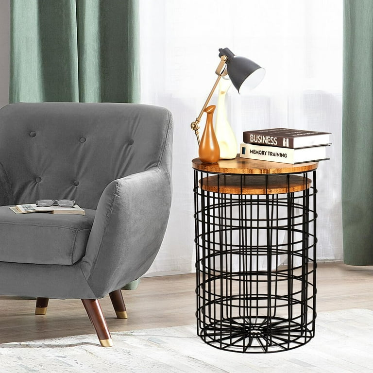 oneinmil Nesting End Table with Storage Side Tables Wire Basket Table with Lid Round End Table with Removeable Top and Steel Frame for Living Room Bedroom Office Rustic Walmart