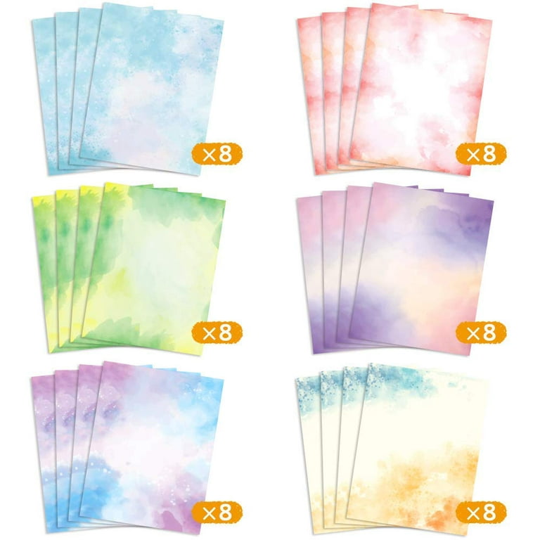 Watercolor Stationery Paper and Envelopes Set, 6 Assorted Colors (8.5 x 11  In, 48 Set)