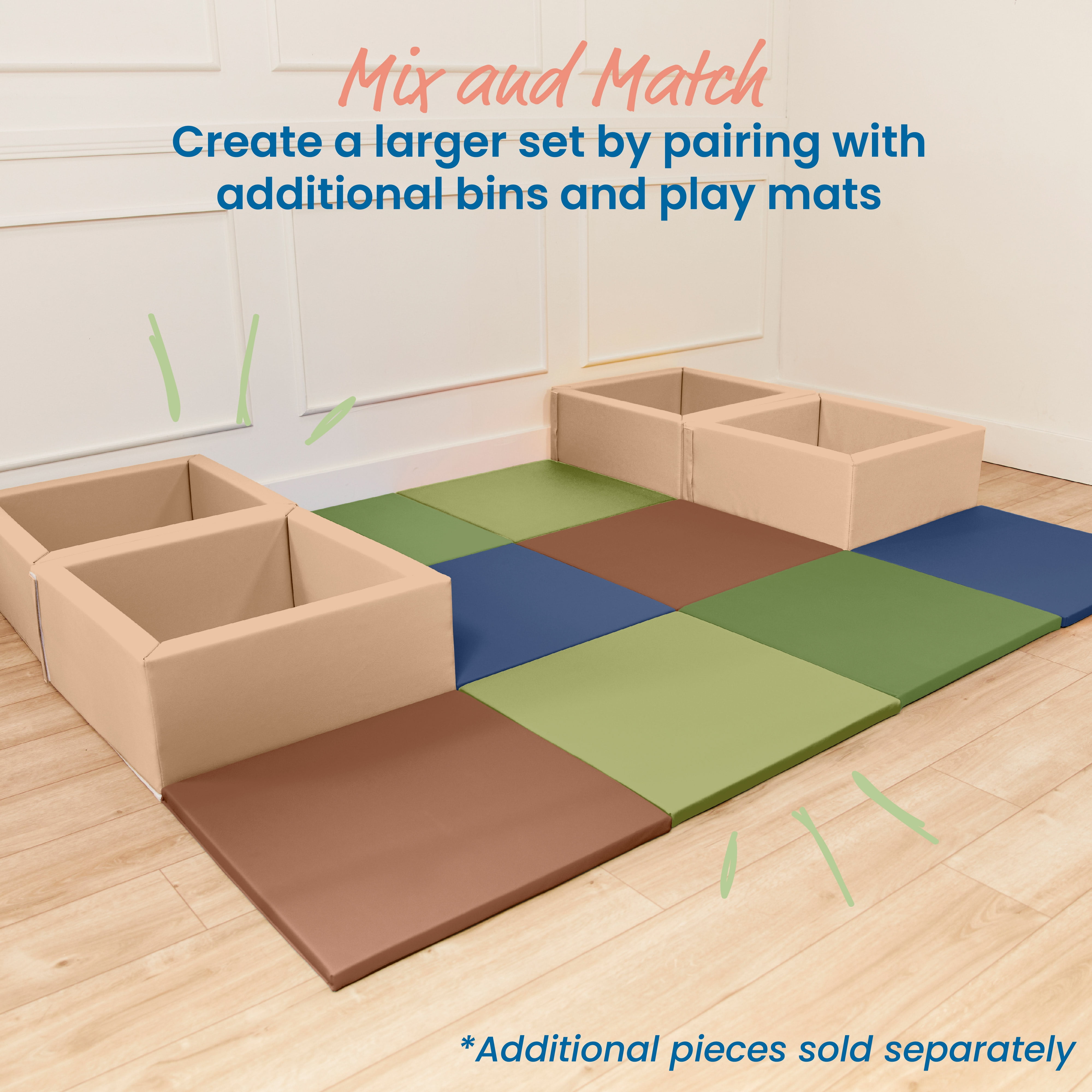 ECR4Kids SoftZone Play Patch Activity Mat and Toy Bins, Beginner Playset, Earthtone, 6-Piece