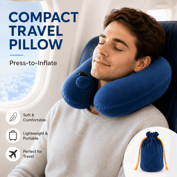 Press‑to‑Inflate Velvet U‑Shaped Travel Neck Pillow With Storage Bag, Soft Portable Air Pillow for Flight Car Ride and Office Nap