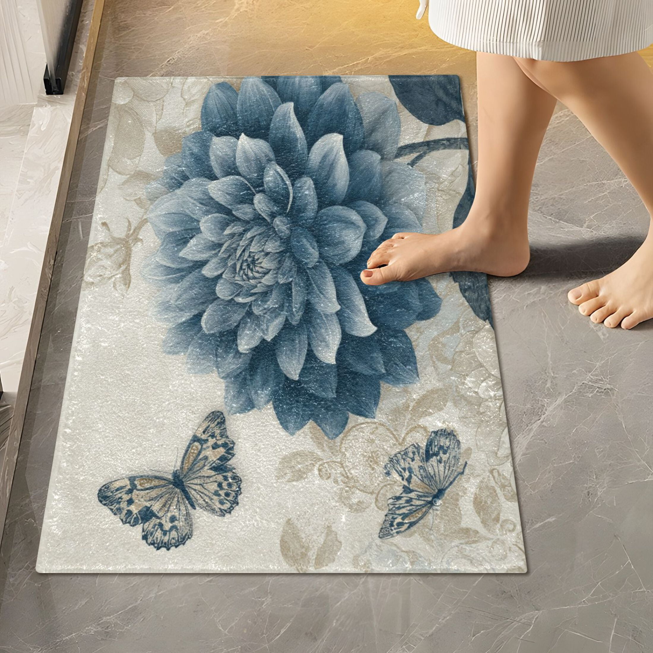 2 Piece Bath Mat Set with U-Shaped Toilet Mat and Rectangle Bath Rugs Non Slip Machine Washable Bathroom Mats Blue Flower with Butterflies