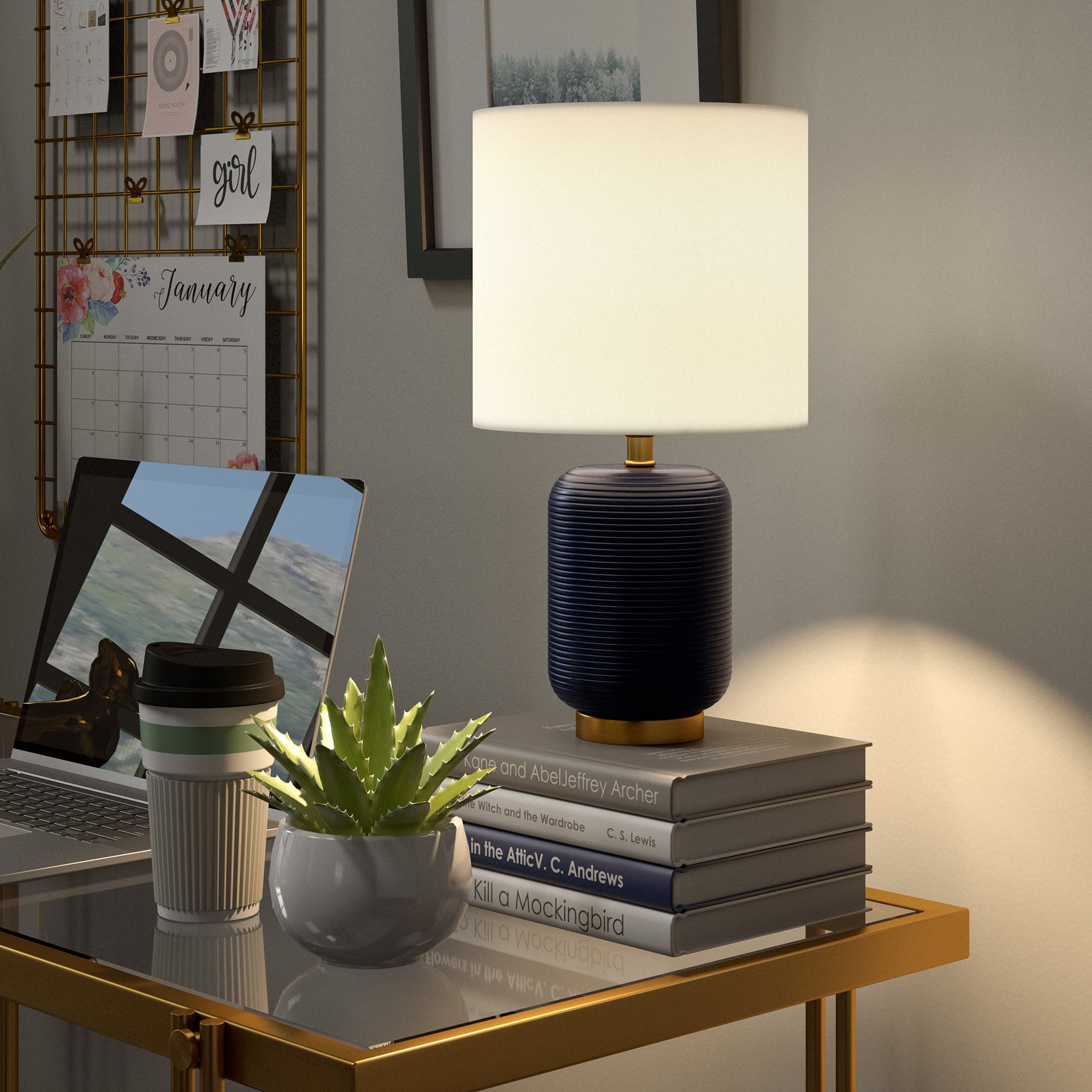Evelyn&Zoe 15" Retro Ceramic Mini Lamp with White Drum Linen Shade