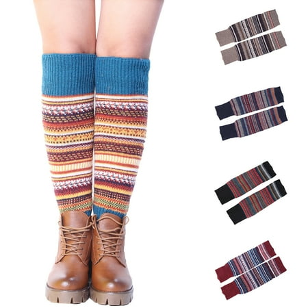 

Farfi Women Striped Ethnic Knitting Wool Footless Leg Warmers Knee High Boot Socks