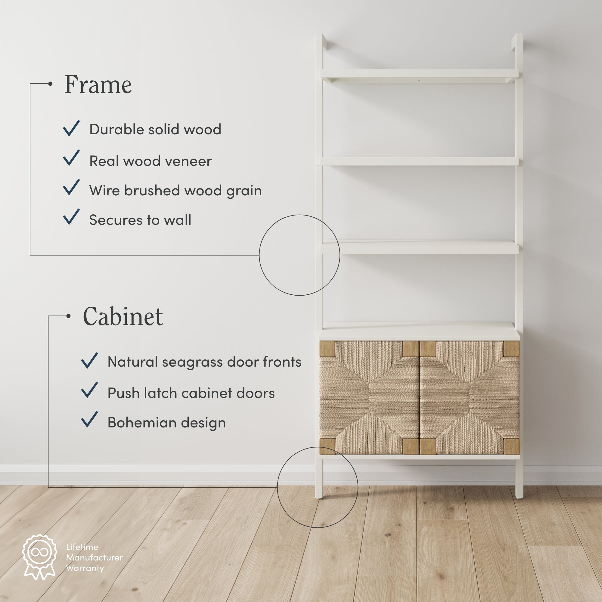 Nathan James Beacon 3-Shelf Bookcase with Seagrass Cabinet, Solid Wood Boho Bookshelf with Storage with Solid Wood Frame, Seagrass/Warm White