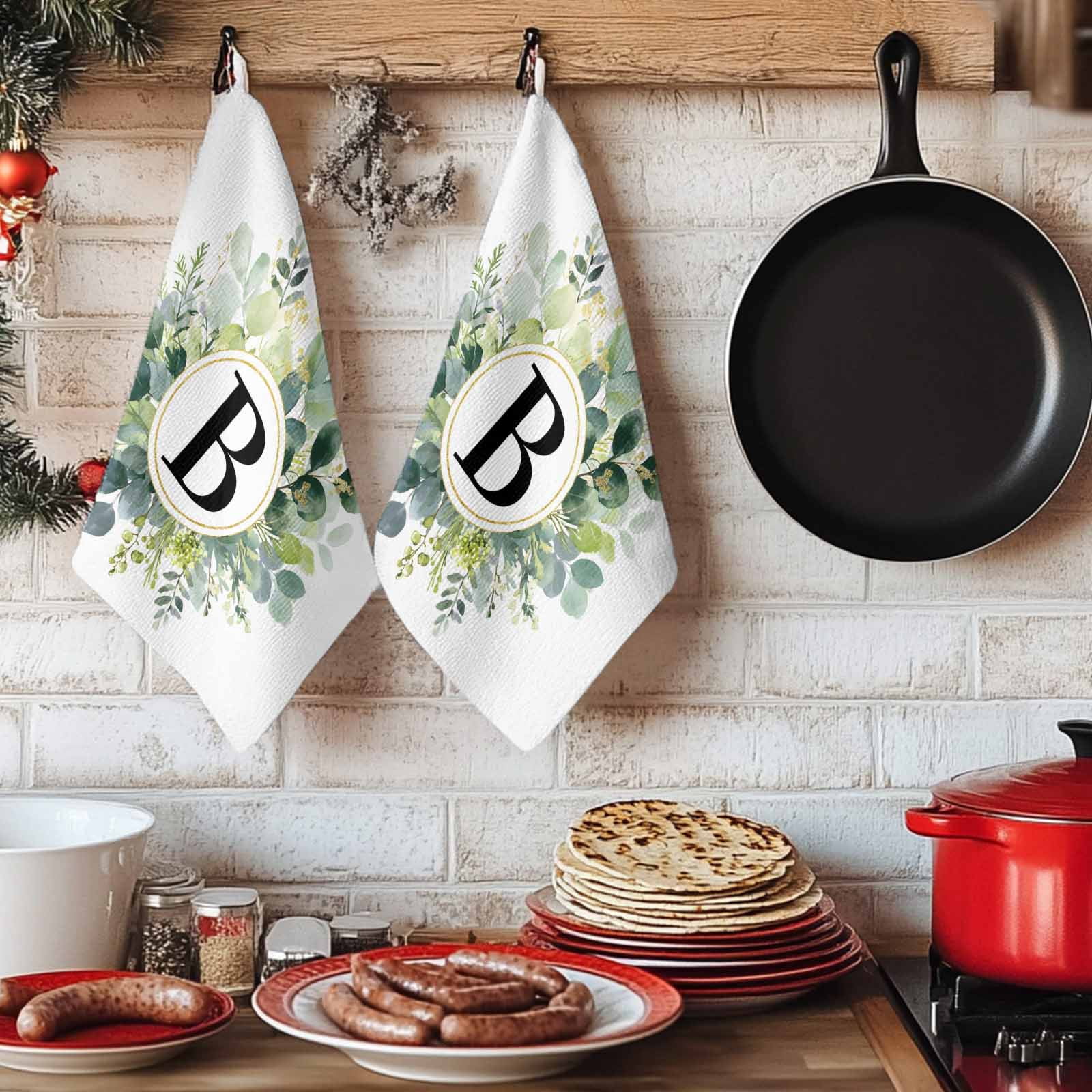 Dish Towels, Letter B Absorbent Kitchen Towels 2 PCS, Alphabet Green Eucalyptus Leaves Microfiber Hand Towels Dish Cloths Tea Towels for Home&nbsp;Bathroom Cleaning Drying,18X28-Inch,
