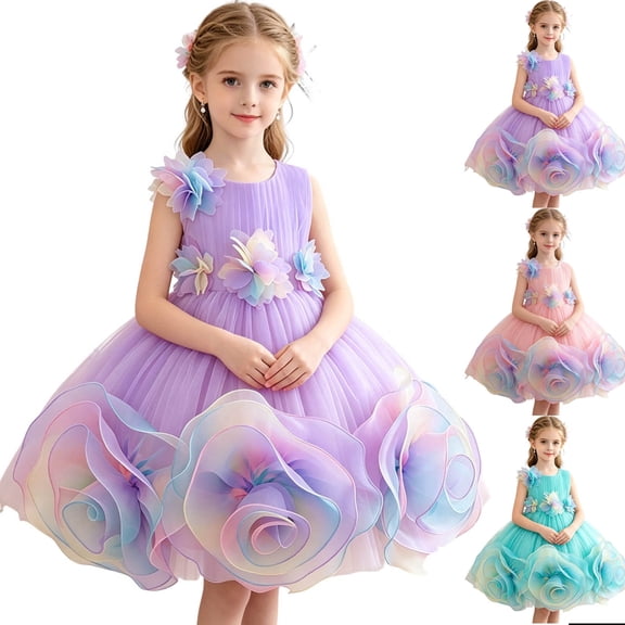 THDHVS Flower Girl Dress,Colorful Floral Mesh Tulle Tutu Gown Princess Style Ideal for Girls Bridesmaid Wedding Evening Party,Girls Party Dress Pink 3-4 Years