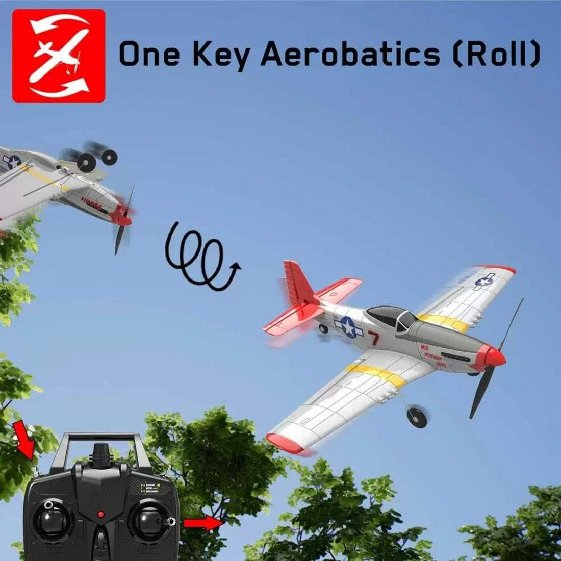 P51D 400 mm Wingspan Glider, 2.4G 4CH RC Aeroplane Fixed Wing Plane with Xpilot Gyroscope System for Beginners - RTF