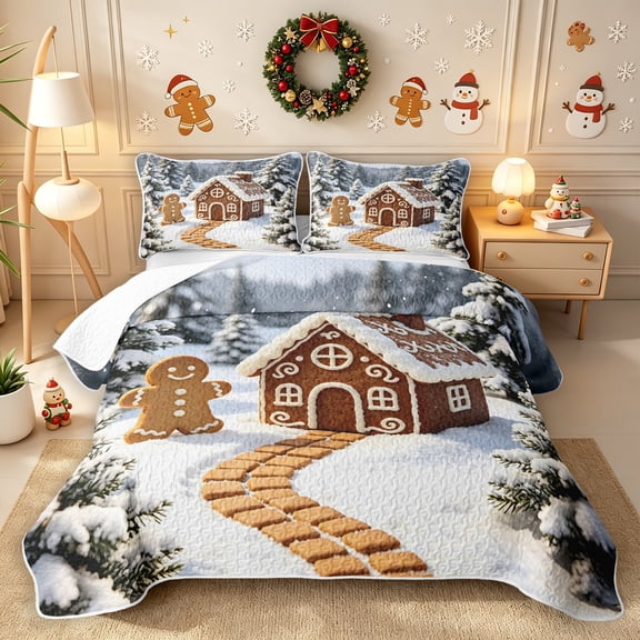 Erosebridal Xmas Gingerbread Twin Quilt Set 2 Pieces,Merry Christmas Twin Coverlet Set,White Green,1 Bedspread and 1 Pillowcase