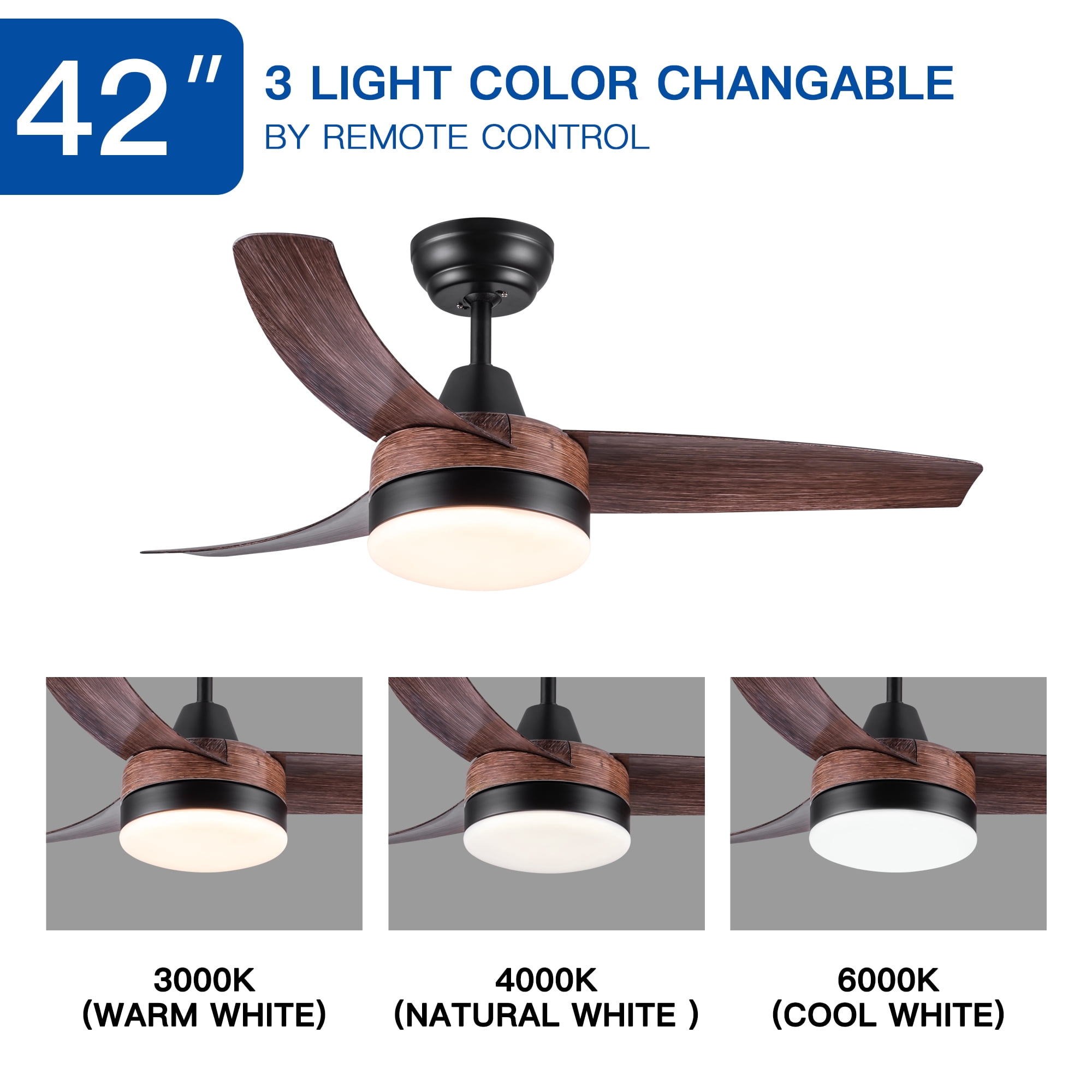 Leumius 42" Farmhouse Rustic LED Ceiling Fan with Brown Wood Grain ABS Blades and Remote Control for Living Room Bedroom