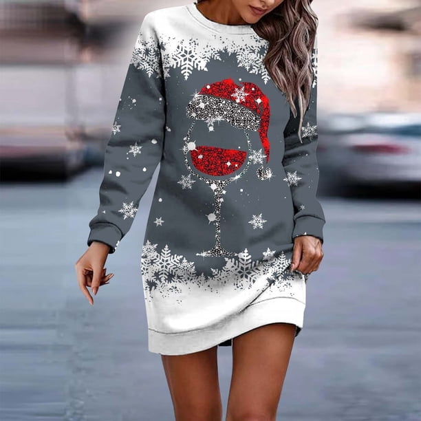 Vestidos Elegantes Para Mujer Vestido Casual de Manga Larga Con Cuello Redondo y Estampado Navideño de Moda de Otoño E Invierno Para Mujer