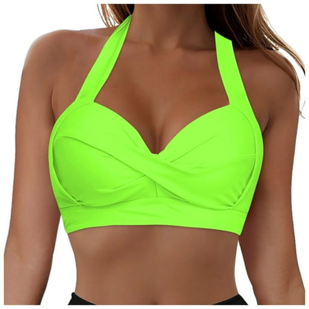 Hauetro Women Bikini Top Push Up Swim Top Halter Retro Bathing Suit Top Padded Swimsuit Top Only(Green S)