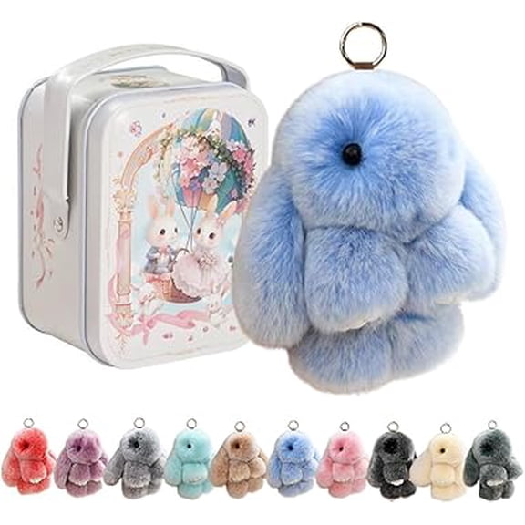 Handmade Plush Bunny Keychain with Tin, Soft Fluffy Rabbit Charm, Easter Gift, Cute Cartoon Animal Pendant