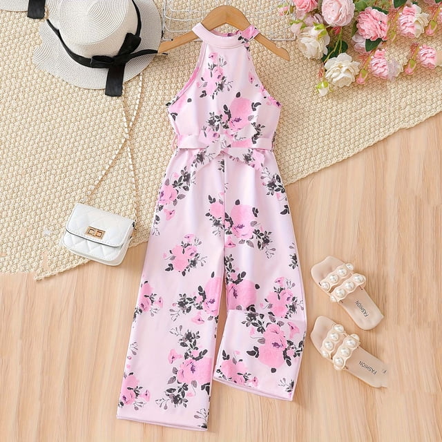 European Style Summer Wrap Around Long Pants For Girls With Rose Print Belt Long Sleeves Toddlers Young Children Wear