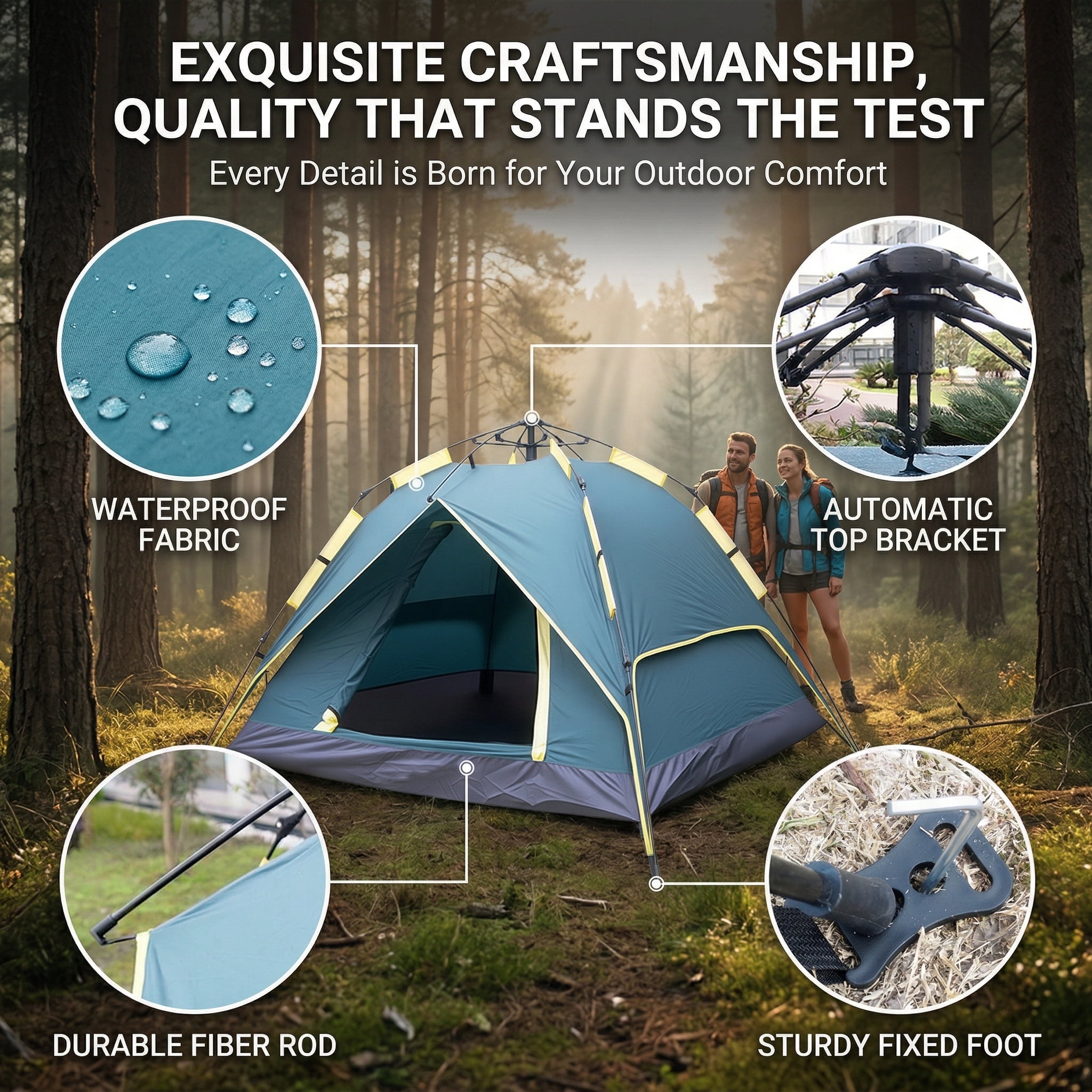 XL Instant Easy Pop Up Tents 3-Person Camping Tent, Plug and Play Tent, Fully Automatic Waterproof Family Camping Tent, Detachable Canopy Tent, Suitable for Beach Camping and Hiking
