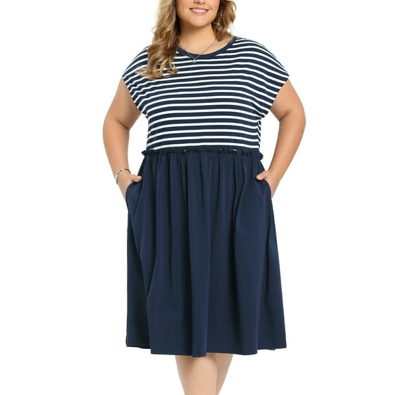 GRACE & GRANDEUR Women's Plus Size Casual Dress Crew Neck Raglan Sleeve Striped Patchwork Gathered-Waist Midi A-Line Dresses with Pockets 1X Navy Blue