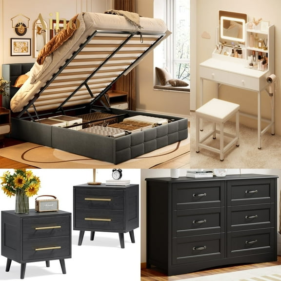 Aiho 5 Pieces Bedroom Furniture Set, Includes Queen Lift Up Storage Bed, Nightstands Set of 2, Double Wide 6-Drawer Dresser and Vanity Table Set - Black