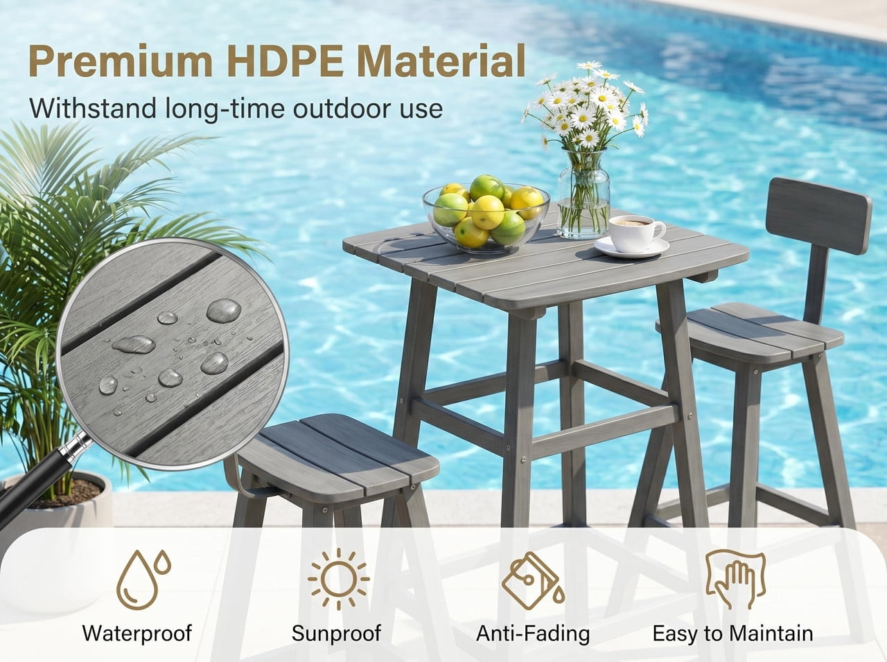 3-Piece Patio HDPE Bar Table Set, Outdoor Bristro Set, Armless Stools with Footrest & Backrest