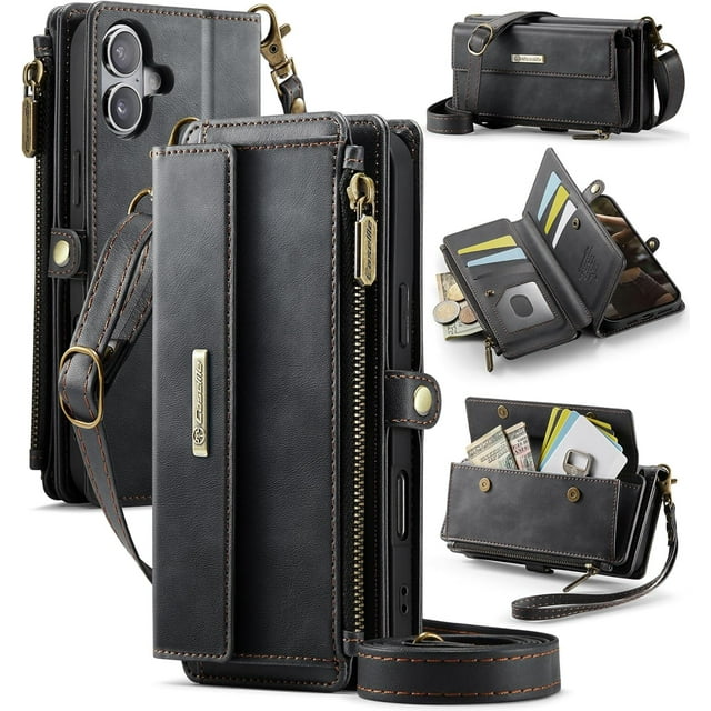 Wallet Case for iPhone 16 Plus – RFID Blocking PU Leather Phone Case with Card Holder, Zipper Pocket, Kickstand, Magnetic Closure, Shoulder & Wrist Strap