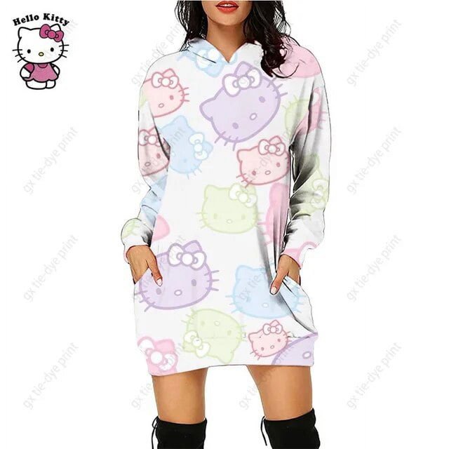 Nouveau Chandail à Capuchon Léopard Hello Kitty Femme Simple Col Rond Polyvalent Chandail Long Bureau Décontracté Ample Chandails à Capuchon Robe d'Automne