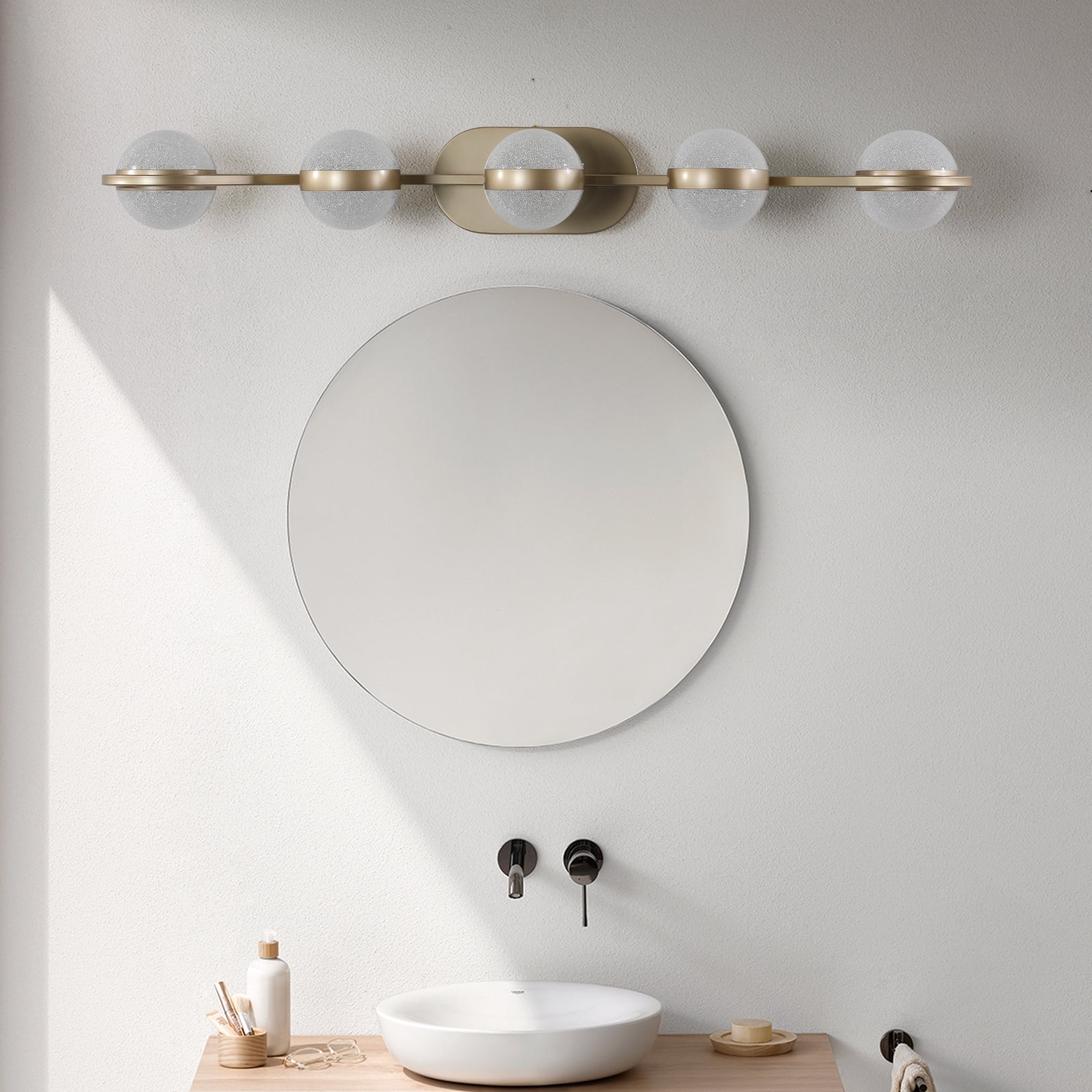 35" Modern Minimalist Bathroom Vanity Light, LED 5 Bulb Crystal Sand Acrylic Shades, Wall Mounted Decorative Lighting Fixture, Suitable for Bathroom Vanity Mirror (Champagne Gold)