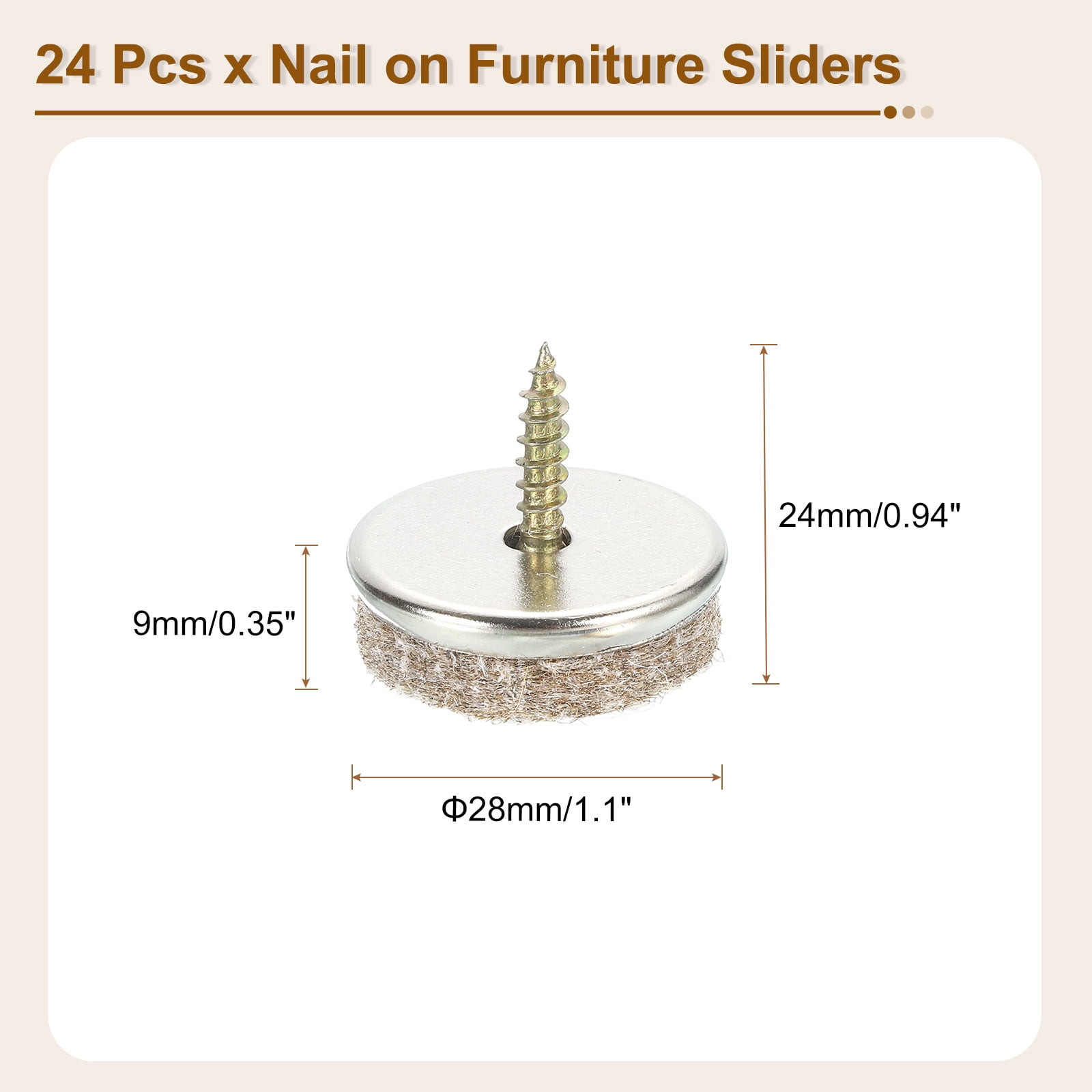 Nail-on Furniture Sliders, 24Pack Nail-on Felt Pad Round Chair Table Feet Pads Chair Leg Floor Protectors for Hardwood Floors (Beige, 28mm/1.1")