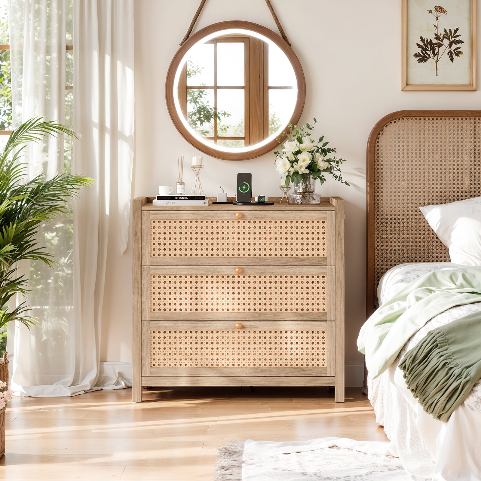 Holliwill 29.5"W Nightstand with Charging Station, 3 Drawers Dresser,  Rattan Bedside Table Boho Bed Side Tables End Table with Type-C, USB Port for Bedroom, Natural Oak