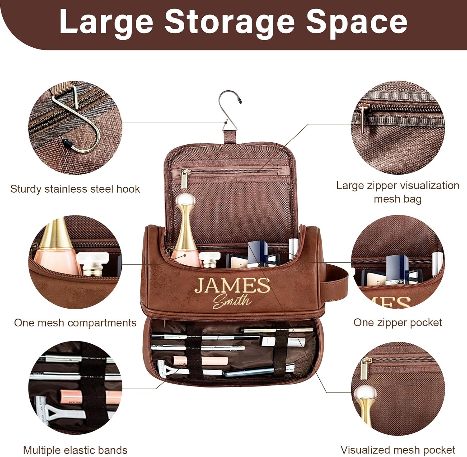 Personalized Gifts for Men, Mens Personalize Toiletry Bag, Custom Leather Toiletries Travel Bag, Customize Shaving Kit, Men's Gift Ideas for Christmas（Brown）