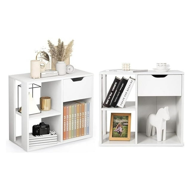 TYUIOP 3 Cube Bookcase with Drawer, 2 Tier Bookshelf for Small Space, Modern Freestanding Display Rack with Open Shelves, White Book Case, Wood Cube Storage Organizer Bedroom Living Room, 2 Pack