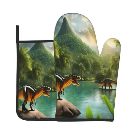 

Jgfou Lake Forest Dinosaur Pattern Oven Mitts and Pot Holders Sets Heat Resistant Oven Mittens Soft Lining Extra Thicken Long Kitchen Cotton Oven Glove for Cooking