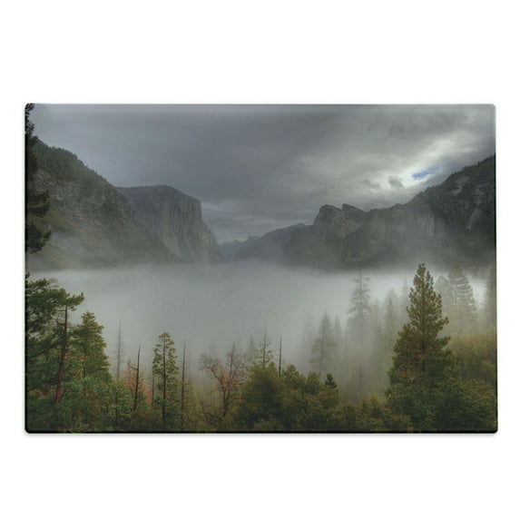 Yosemite Cutting Board, American Valley Autumn View Dark Clouds Heavy Haze Rainy Day Landscape Print, Decorative Tempered Glass Cutting and Serving Board, Large Size, Green Grey, by Ambesonne