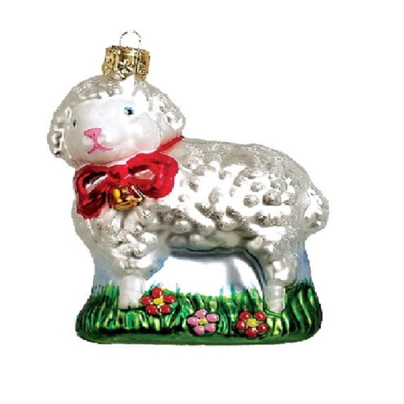 Lamb with Red Bow Polish Mouth Blown Glass Christmas Ornament Tree Decoration