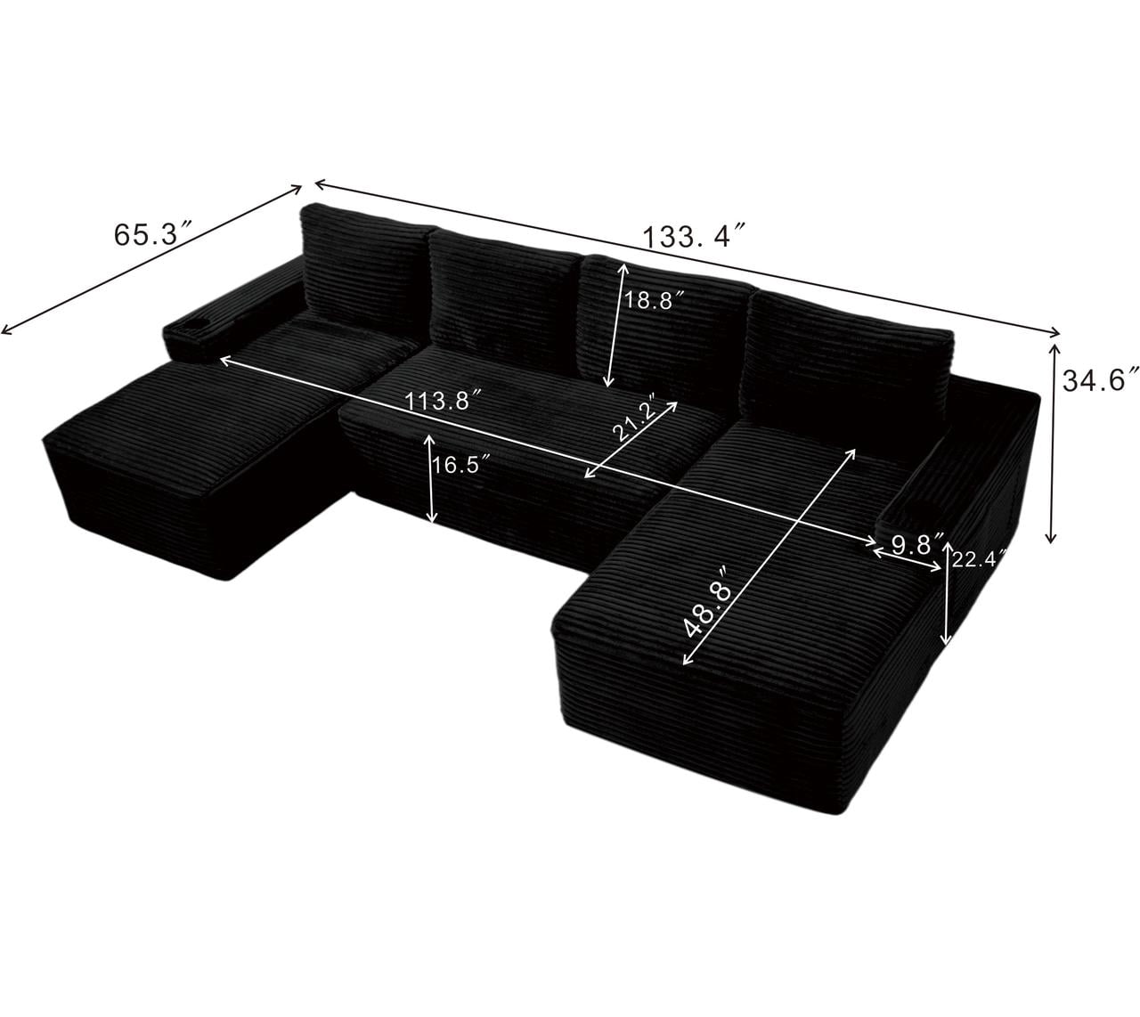 AISWORD 133.4" U-Shaped Modular Sectional Sofa, Corduroy Cloud Couch with Cup Holders & Side Pockets, Boneless Deep Seat Sleeper Chaise, No Assembly Required, Black