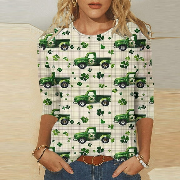 HaoXianJian Patricks Day Shirts for Women Crew-Neck 2025 sual 3/4 Sleeve Irish Shamrock Graphic T-shirt Green Saint Patty's Tunic Tops Plus Size 4X 5X