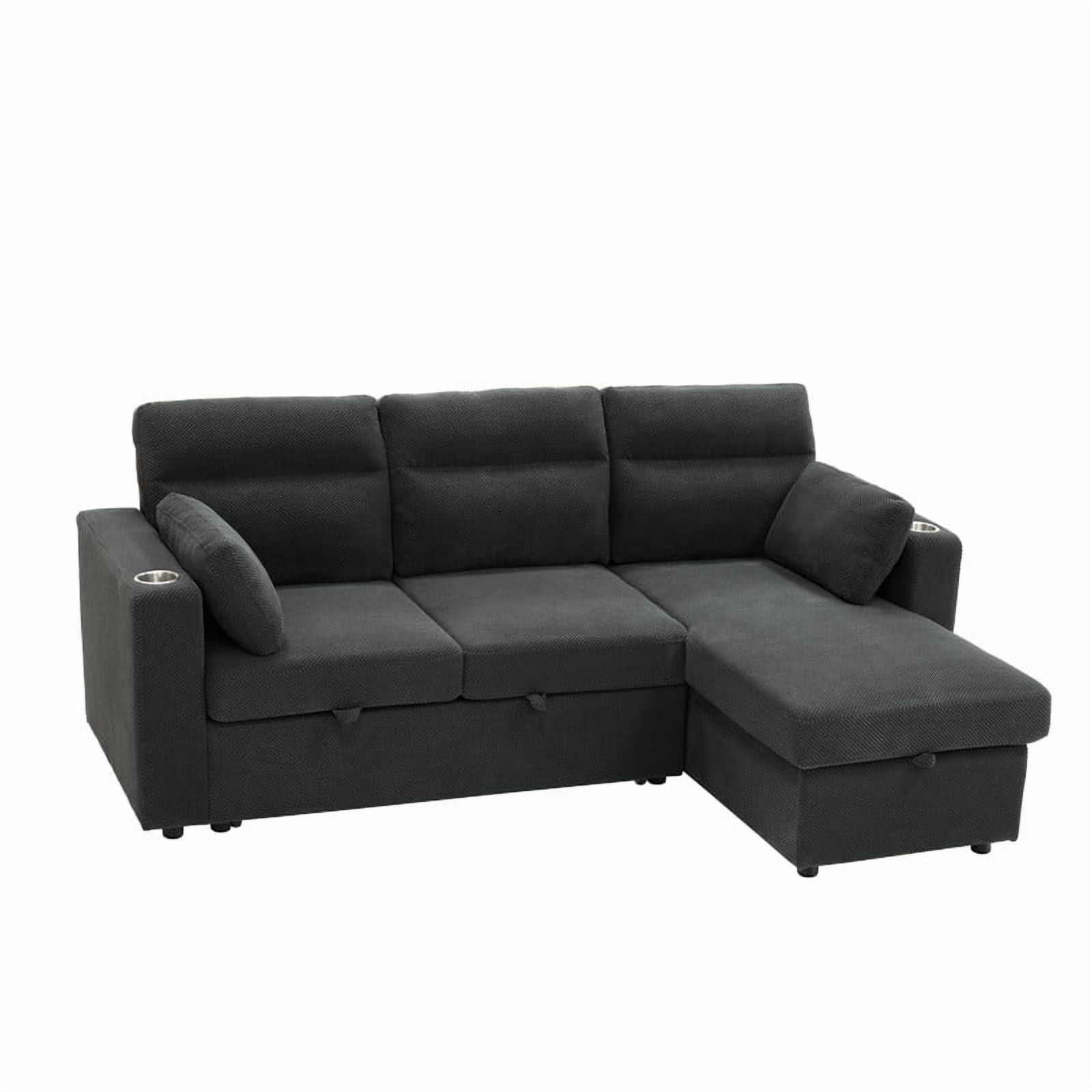 82.5" L-Shaped Convertible Sleeper Sofa, Pull-Out Sectional Sofa Bed with Storage Chaise, Cup Holders & 2 Lumbar Pillows, Modern Sofa Couch for Living Room, Apartment