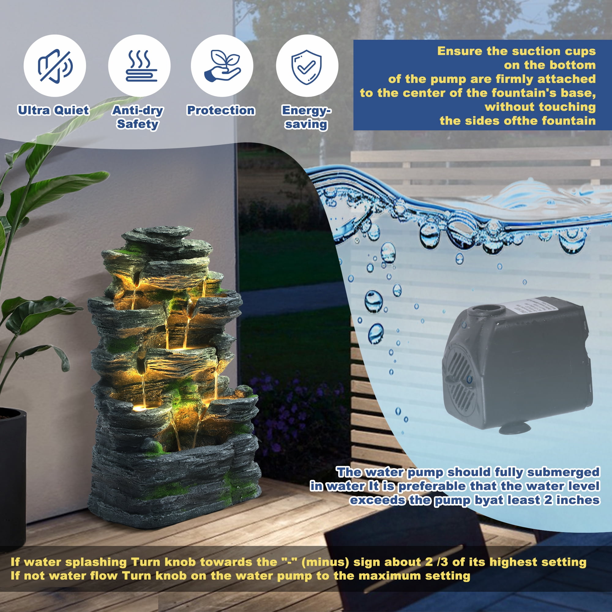 Haverchair 7 Tier Cascading Rock Outdoor Water Fountain, Garden Freestanding Rockery Natural Waterfall Fountains Outdoor with LED Light, Soothing Tranquility Fountains for Home Garden Yard, 24"H