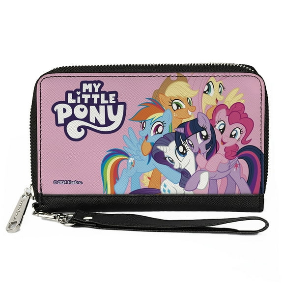 Hasbro Wallet, Zip Around, My Little Pony Title Logo and Mane Six Group Pose Pink, Vegan Leather