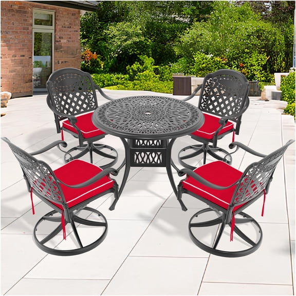 JERFIT 5-Piece Outdoor Patio Dining Set with Swivel Chairs, 35-inch Round Cast Aluminum Table and Cushions, All-Weather Black