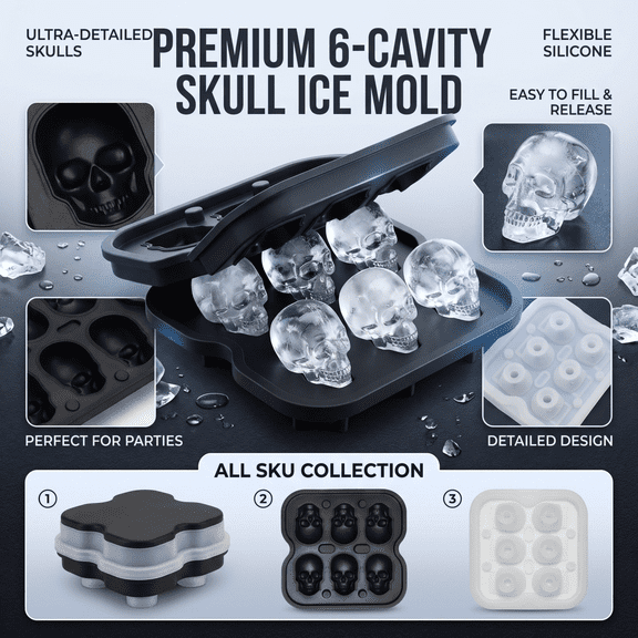 Skull Ice Cube Mold, 6-Cavity Silicone Ice Tray for Whiskey, Cocktails, and Beverages, Food-Grade Flexible Ice Maker for Halloween & Party Drinks, Easy Release & Dishwasher Safe