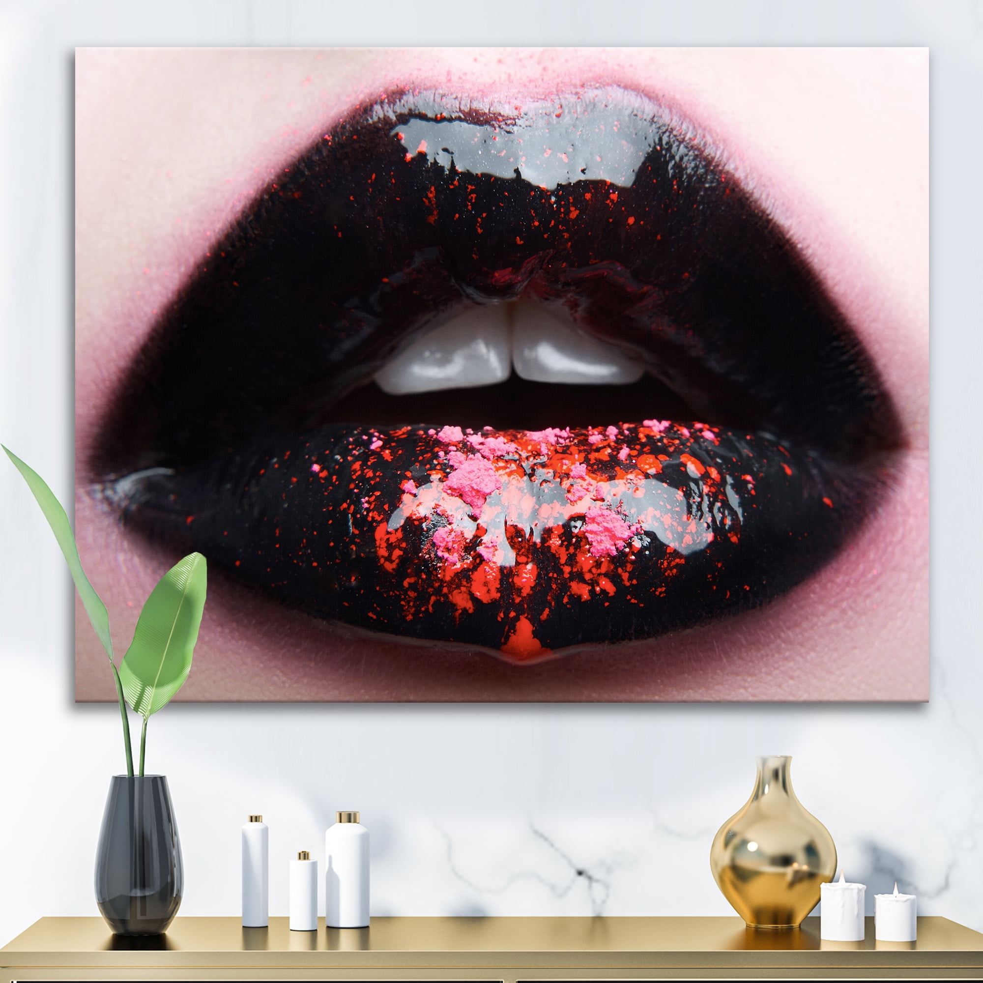 Designart ' Plump Woman Lips With Pink and Black ' Modern Canvas Wall Art Print