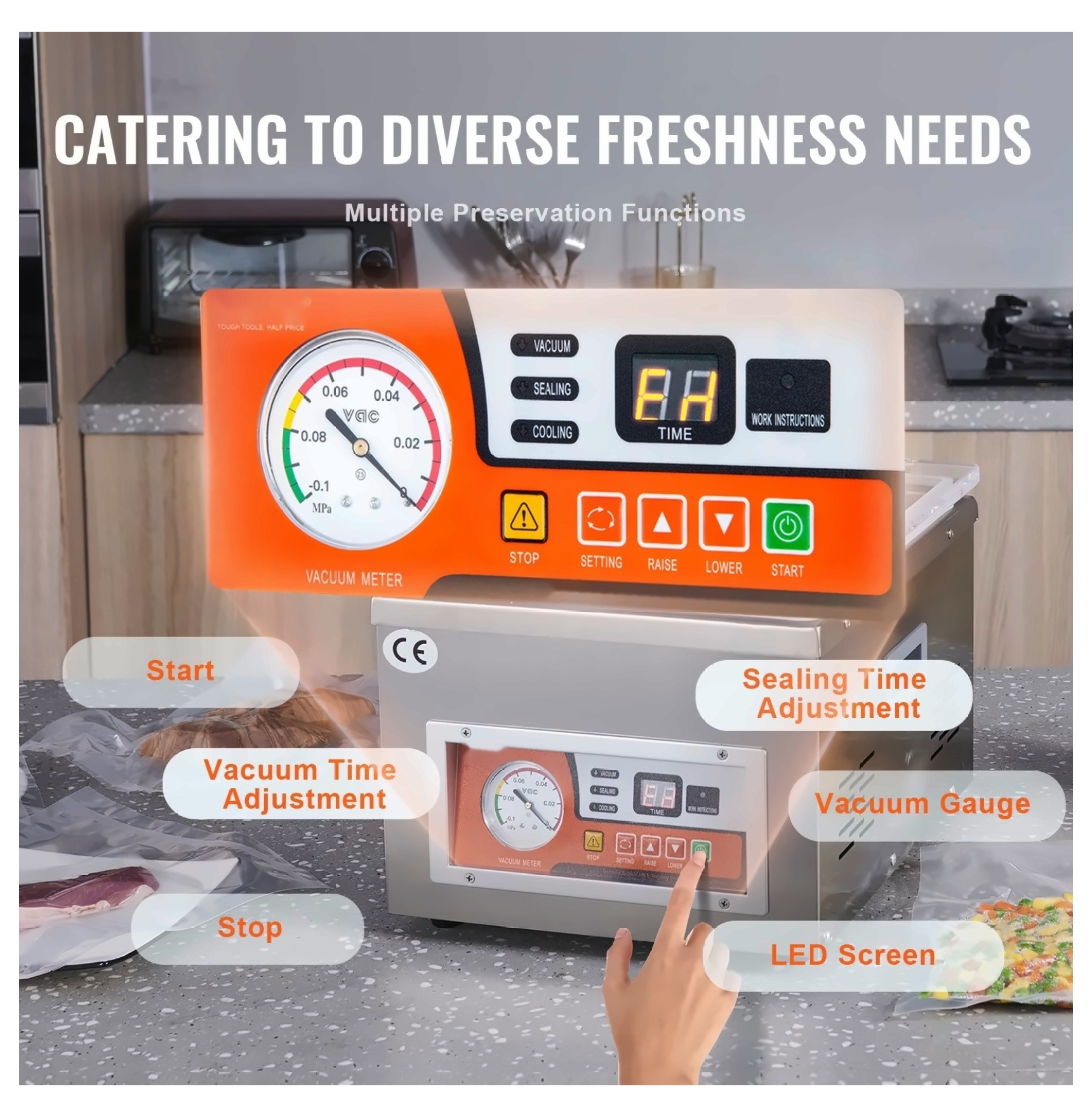 Chamber Vacuum Sealer, DZ-260A 6.5 m³/h 110V Commercial Grade, for Food Preservation, Meat, Fruits, Kitchen Packaging Machine